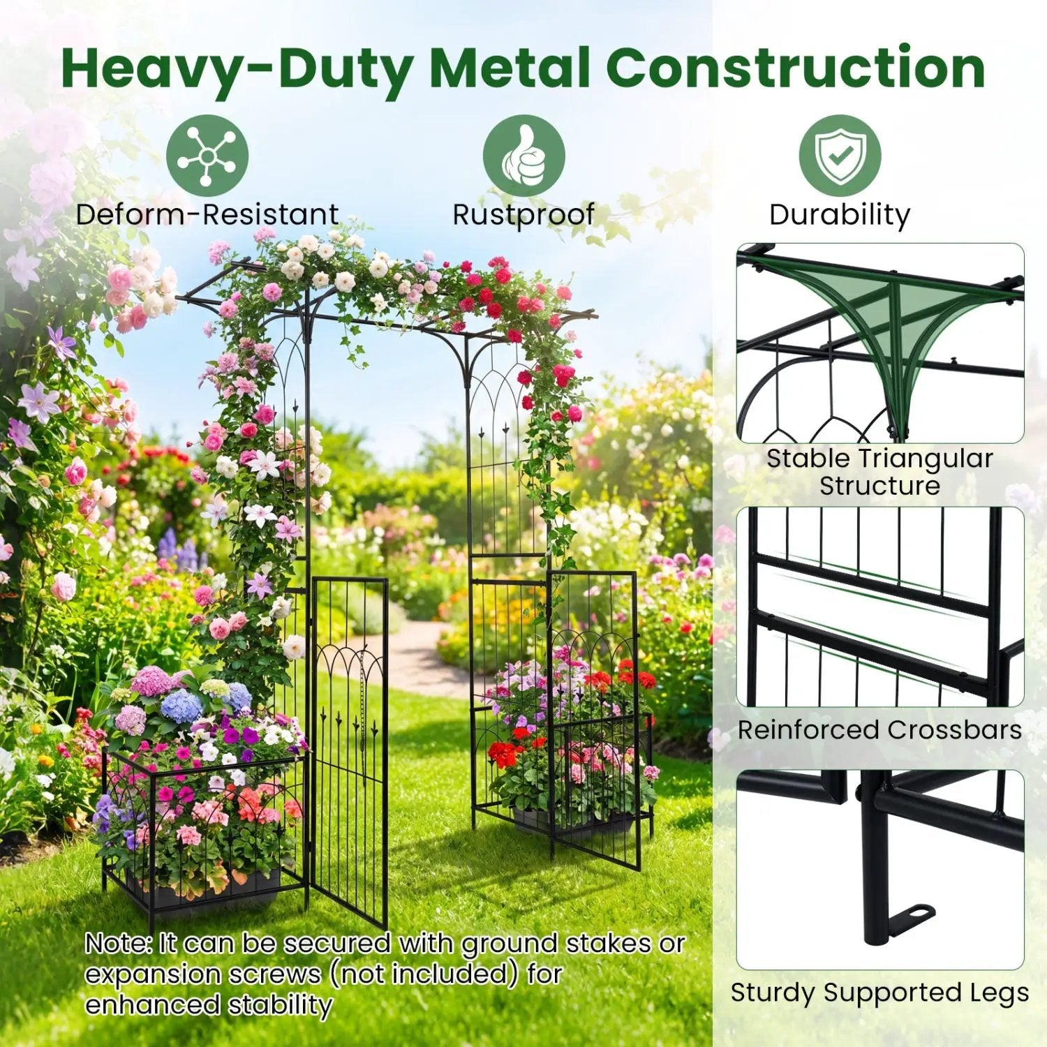 Garden Arbor with Gate and Planter Boxes Heavy Duty Metal Arch with Side Trellis by DirectDeals
