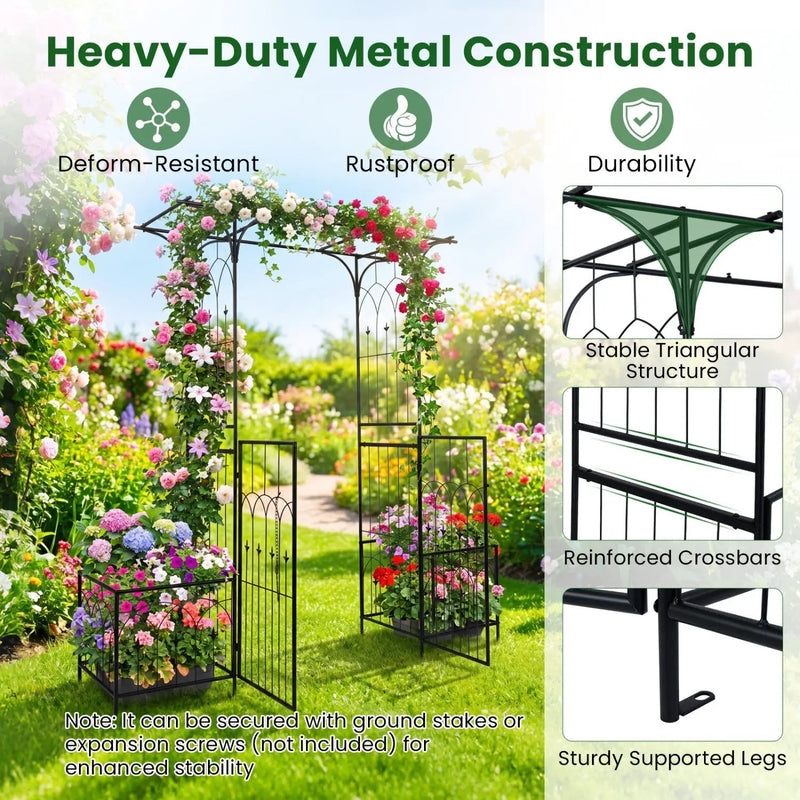 Garden Arbor with Gate and Planter Boxes Heavy Duty Metal Arch with Side Trellis by DirectDeals