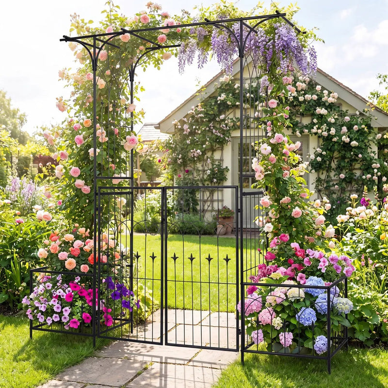 Garden Arbor with Gate and Planter Boxes Heavy Duty Metal Arch with Side Trellis by DirectDeals