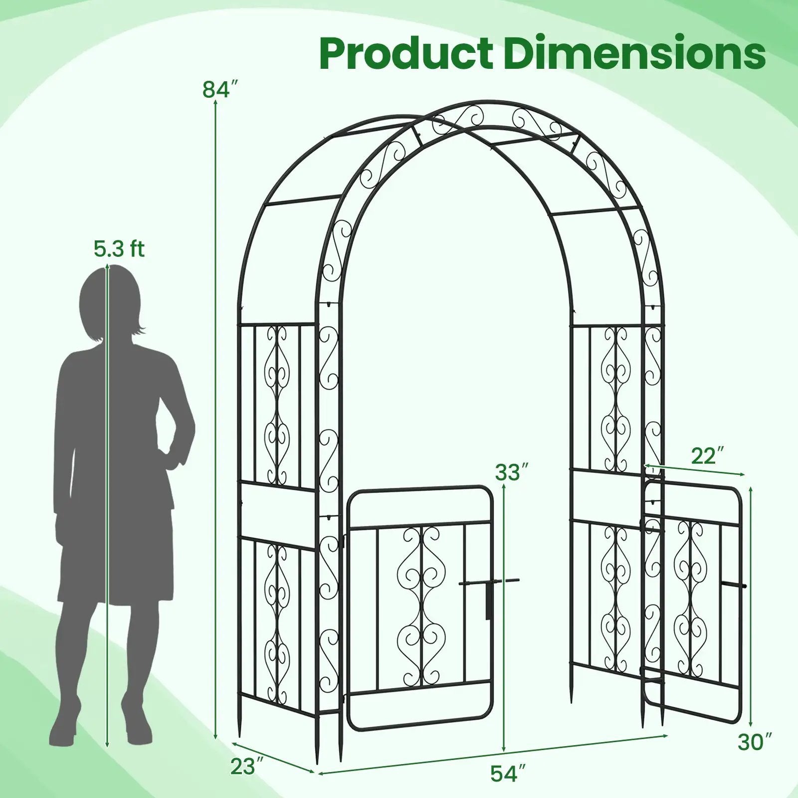 Garden Arbor with Gate with Multiple Side Crossbars and 4 Sharp Ground Stakes-Black by DirectDeals
