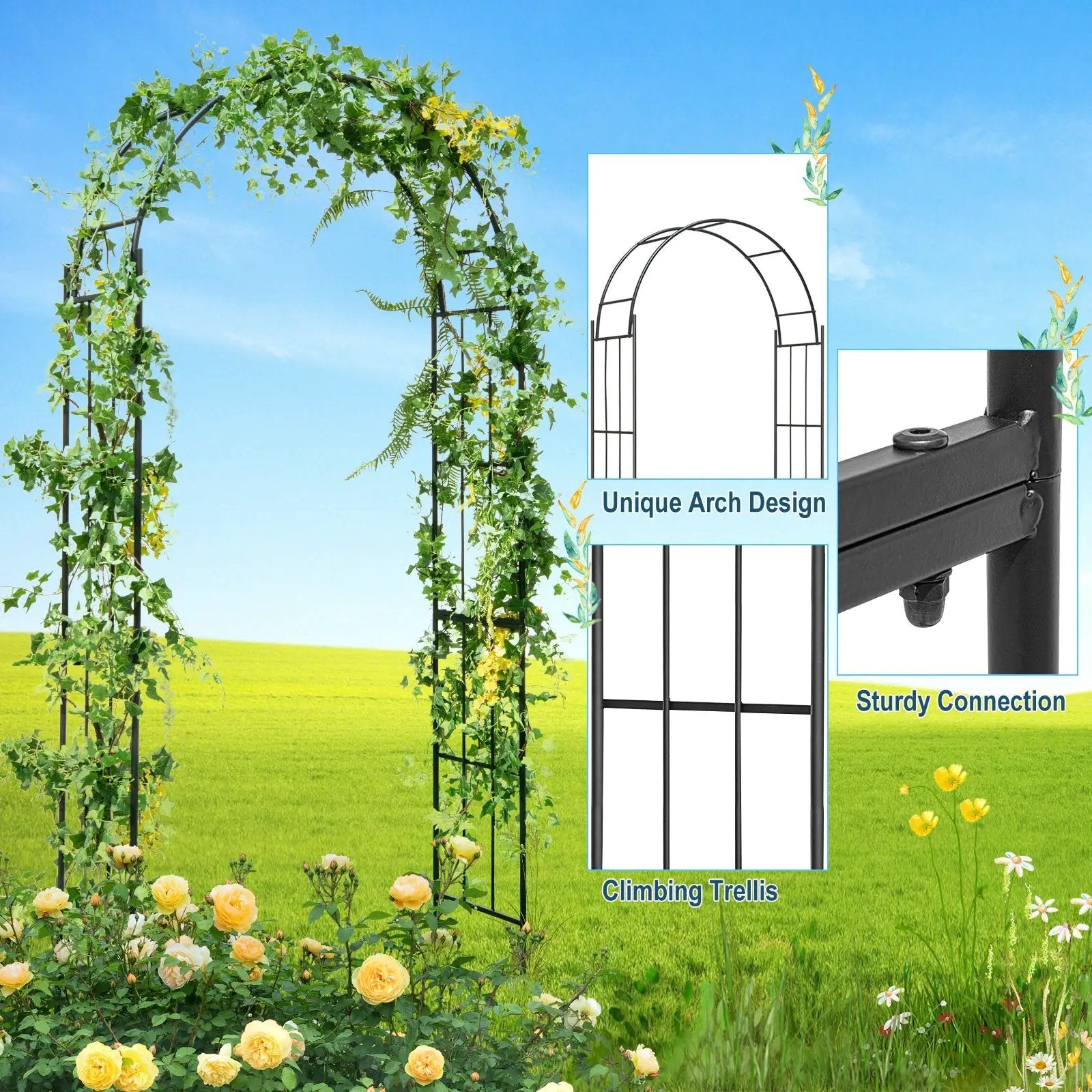 7.5 Feet Metal Garden Arch for Climbing Plants and Outdoor Garden Decor-Black by DirectDeals