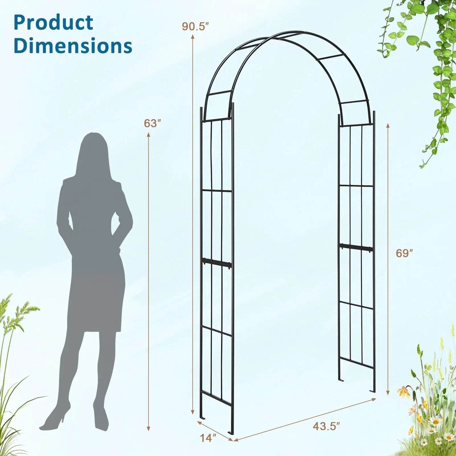 7.5 Feet Metal Garden Arch for Climbing Plants and Outdoor Garden Decor-Black by DirectDeals
