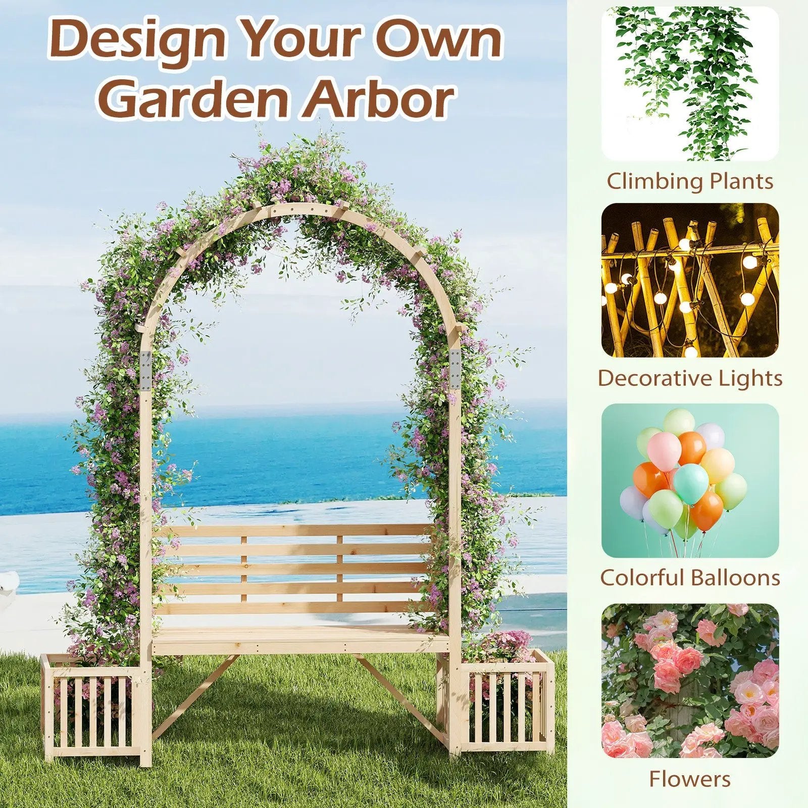 Garden Bench Arbor Arch Wooden Garden Arbor for Climbing Plants-Natural by DirectDeals