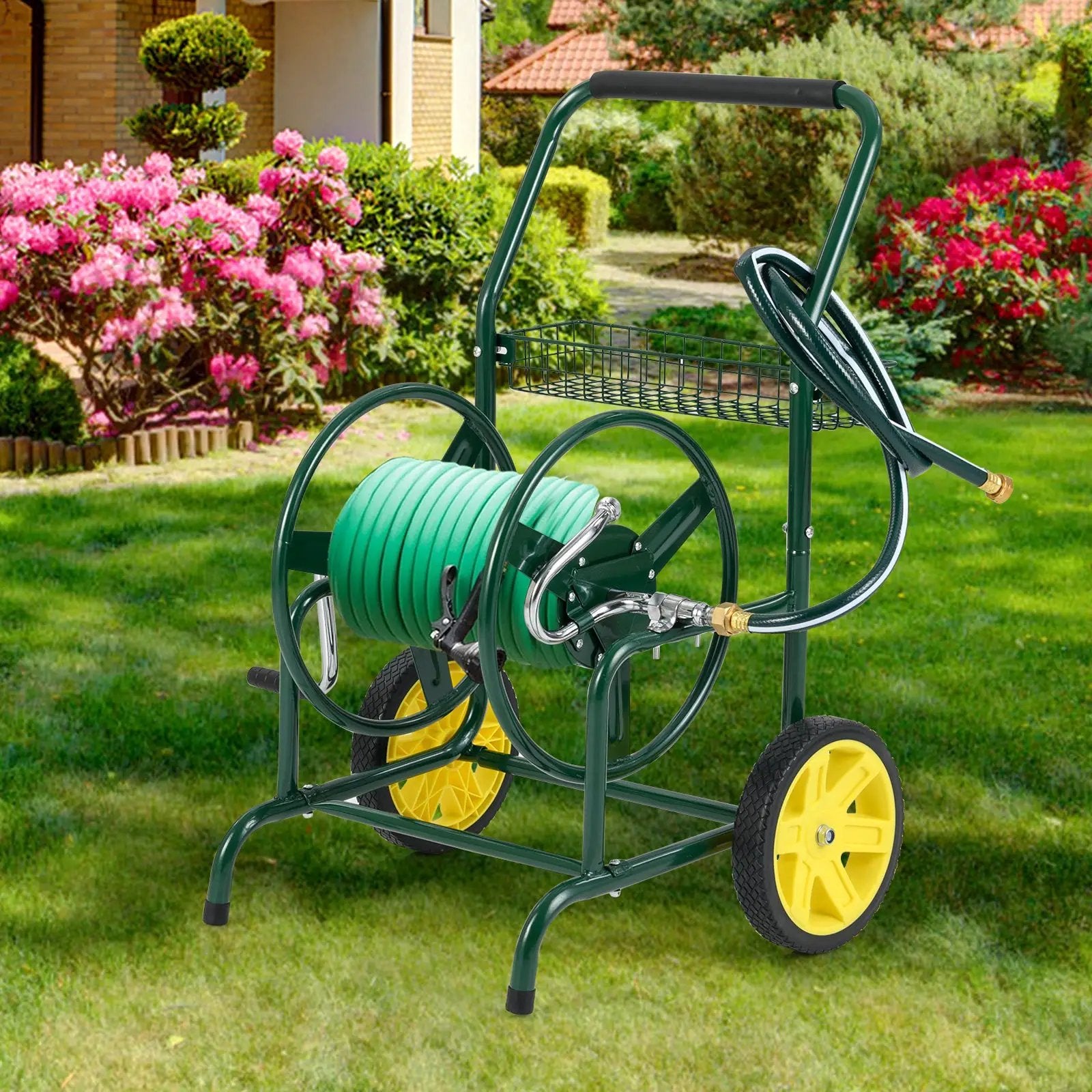 Garden Hose Reel Cart with 2 Wheels and Storage Basket by DirectDeals
