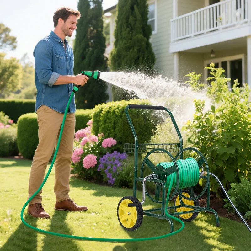 Garden Hose Reel Cart with 2 Wheels and Storage Basket by DirectDeals