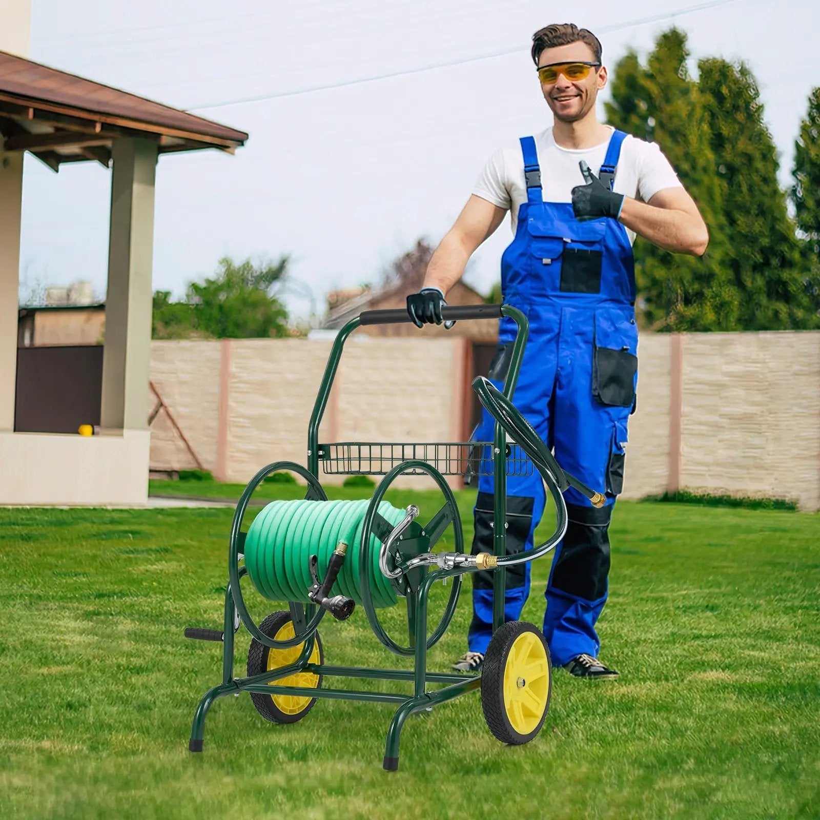 Garden Hose Reel Cart with 2 Wheels and Storage Basket by DirectDeals