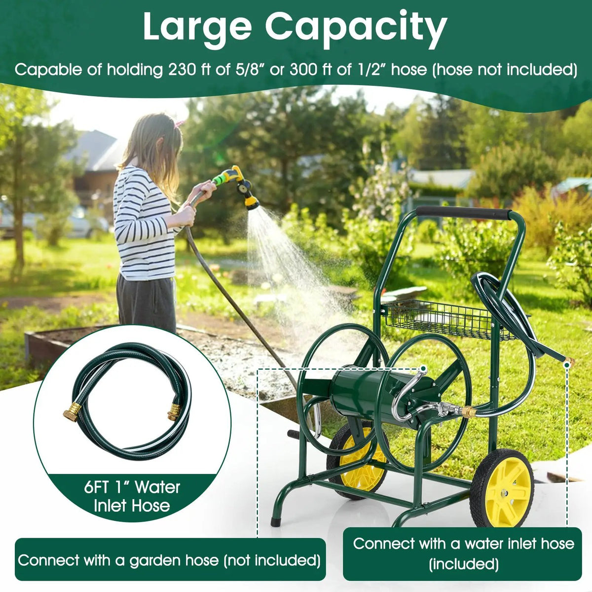 Garden Hose Reel Cart with 2 Wheels and Storage Basket, photo 7 of 24