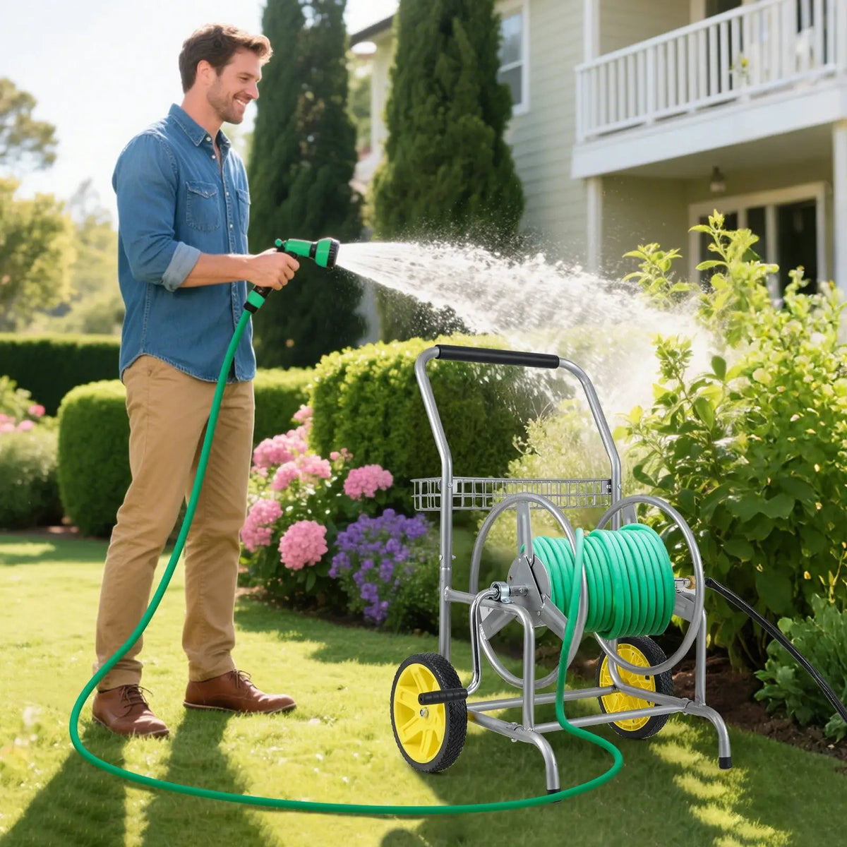 Garden Hose Reel Cart with 2 Wheels and Storage Basket, photo 16 of 24