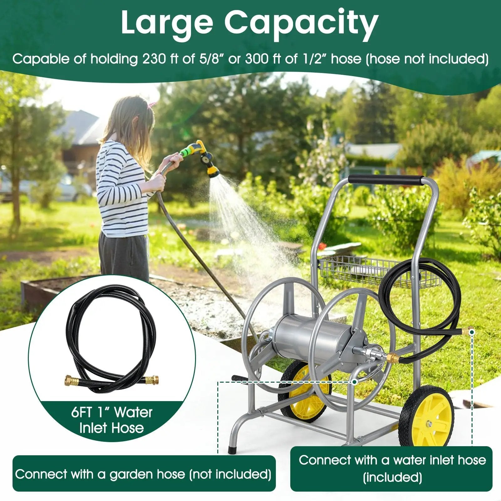 Garden Hose Reel Cart with 2 Wheels and Storage Basket by DirectDeals