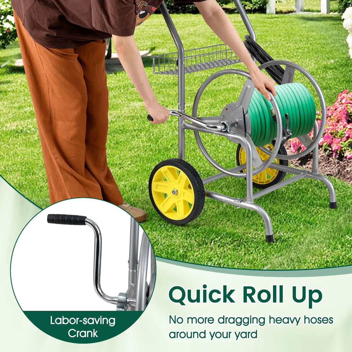 Garden Hose Reel Cart with 2 Wheels and Storage Basket, photo 11 of 24