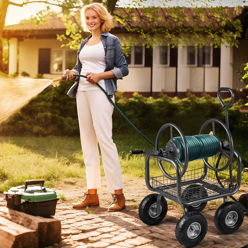 Garden Hose Reel Cart 300 Feet Large Capacity with 4 Wheels and Storage Basket-Gray by DirectDeals