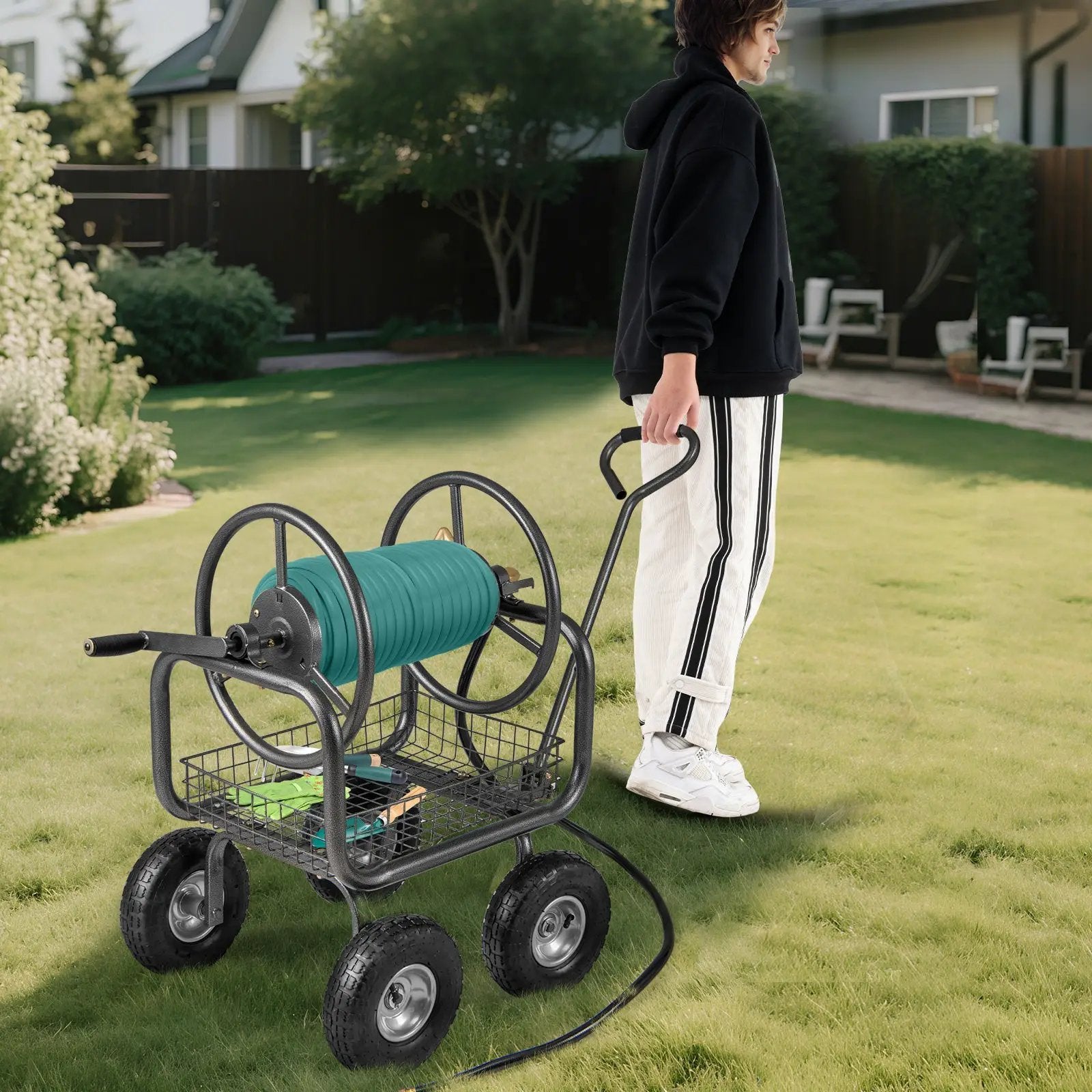 Garden Hose Reel Cart 300 Feet Large Capacity with 4 Wheels and Storage Basket-Gray by DirectDeals