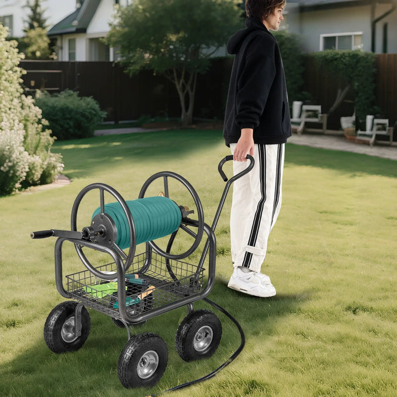 Garden Hose Reel Cart 300 Feet Large Capacity with 4 Wheels and Storage Basket-Gray by DirectDeals