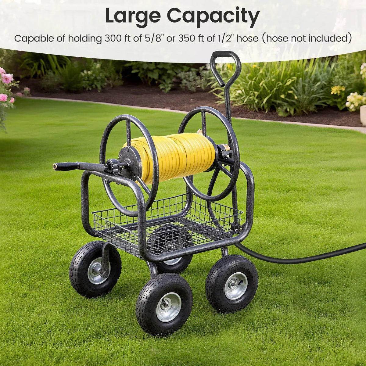 Garden Hose Reel Cart 300 Feet Large Capacity with 4 Wheels and Storage Basket-Gray, photo 5 of 10