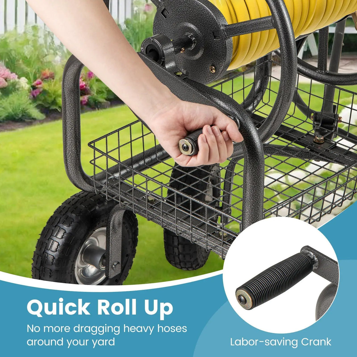 Garden Hose Reel Cart 300 Feet Large Capacity with 4 Wheels and Storage Basket-Gray, photo 7 of 10