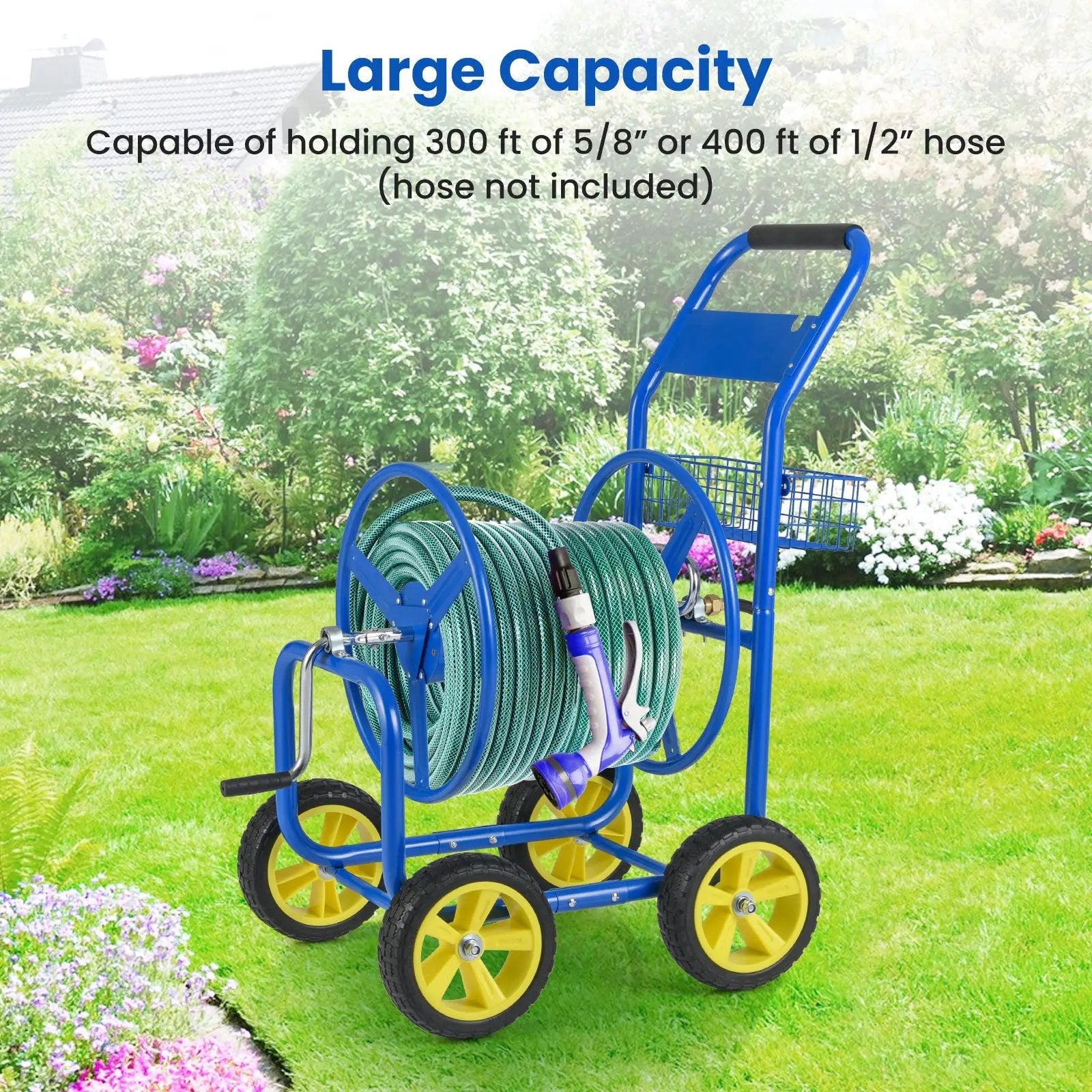 Garden Hose Reel Cart Metal Hose Cart with 4 Wheels and Storage Basket by DirectDeals