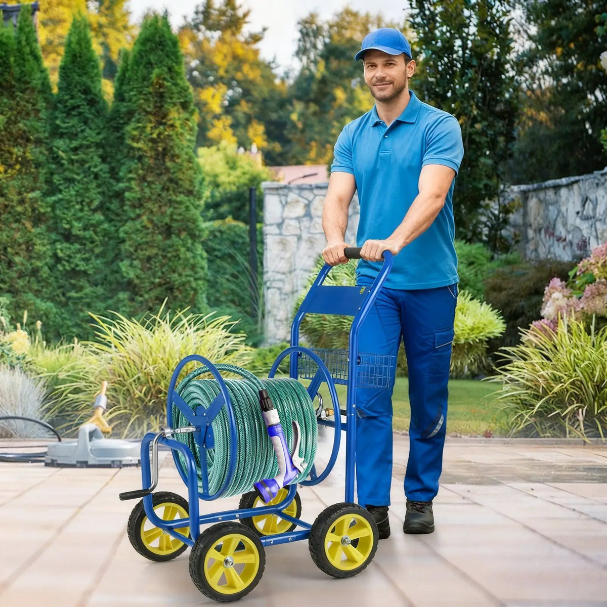 Garden Hose Reel Cart Metal Hose Cart with 4 Wheels and Storage Basket, photo 17 of 24