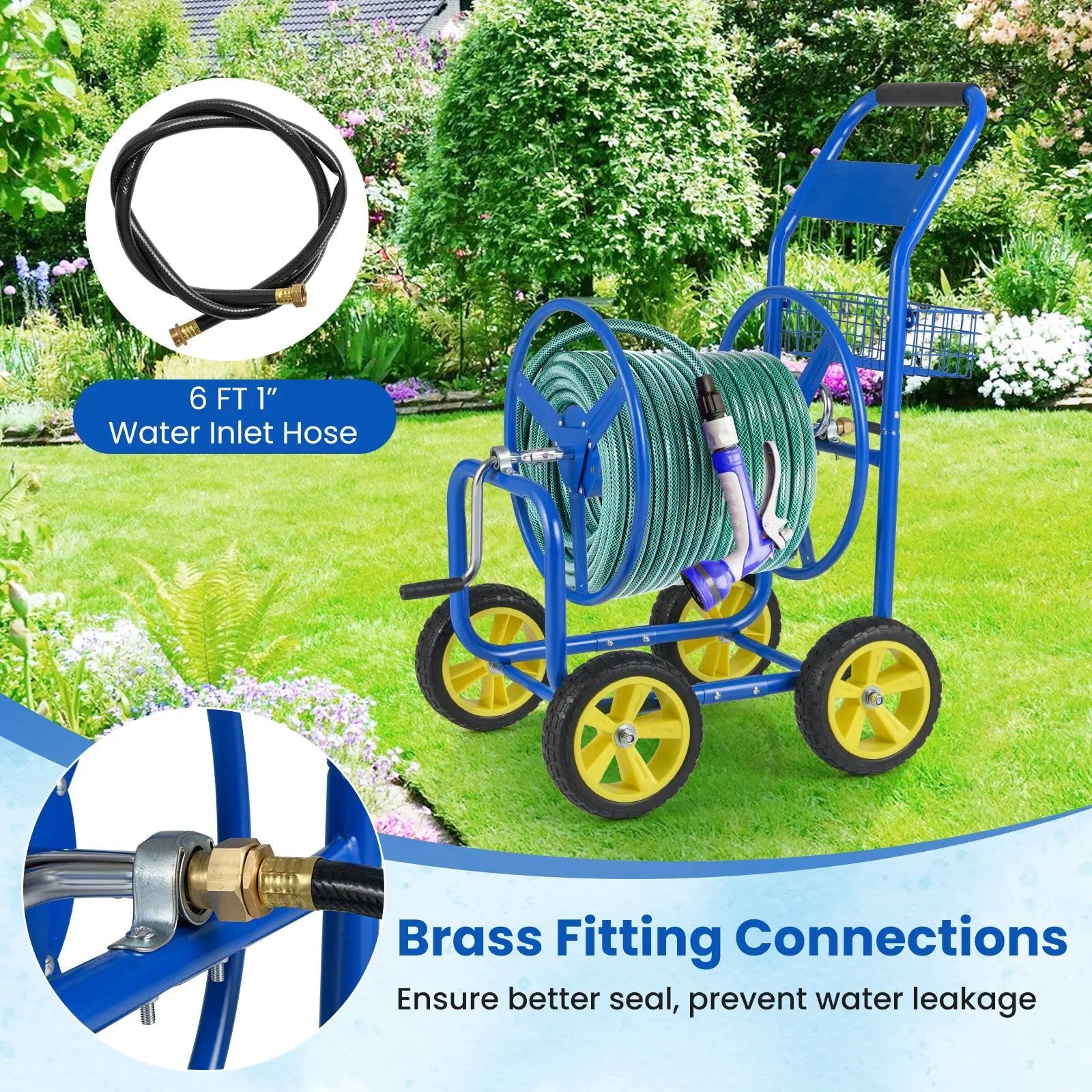 Garden Hose Reel Cart Metal Hose Cart with 4 Wheels and Storage Basket by DirectDeals