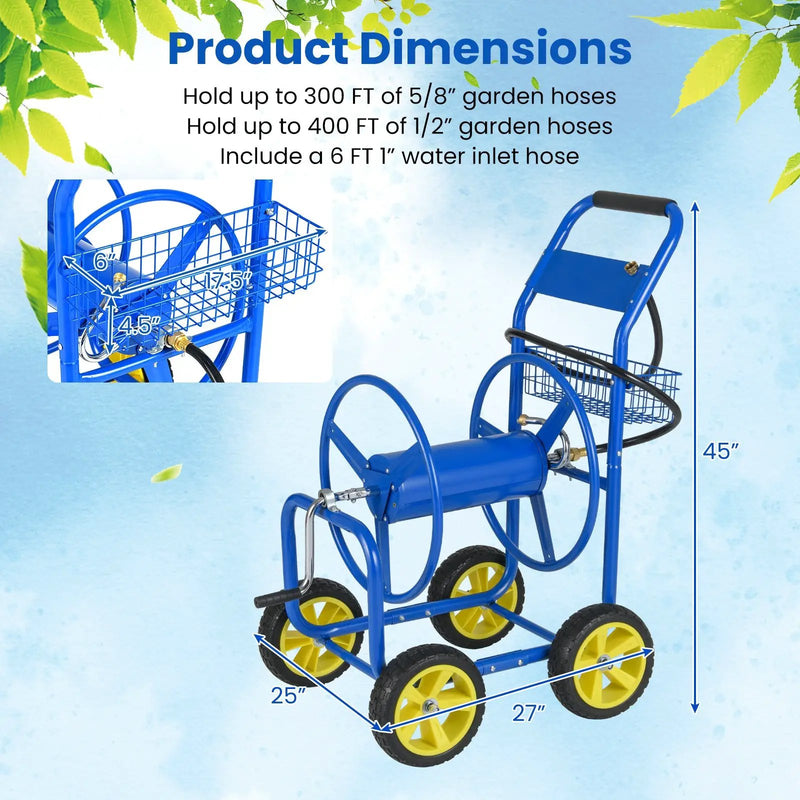 Garden Hose Reel Cart Metal Hose Cart with 4 Wheels and Storage Basket by DirectDeals