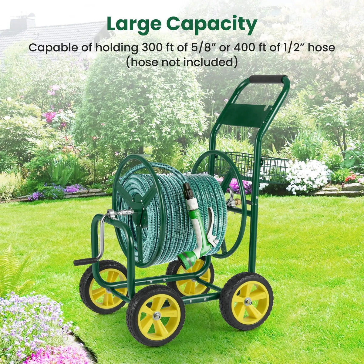 Garden Hose Reel Cart Metal Hose Cart with 4 Wheels and Storage Basket, photo 7 of 24