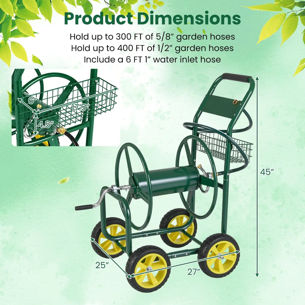 Garden Hose Reel Cart Metal Hose Cart with 4 Wheels and Storage Basket, photo 2 of 24