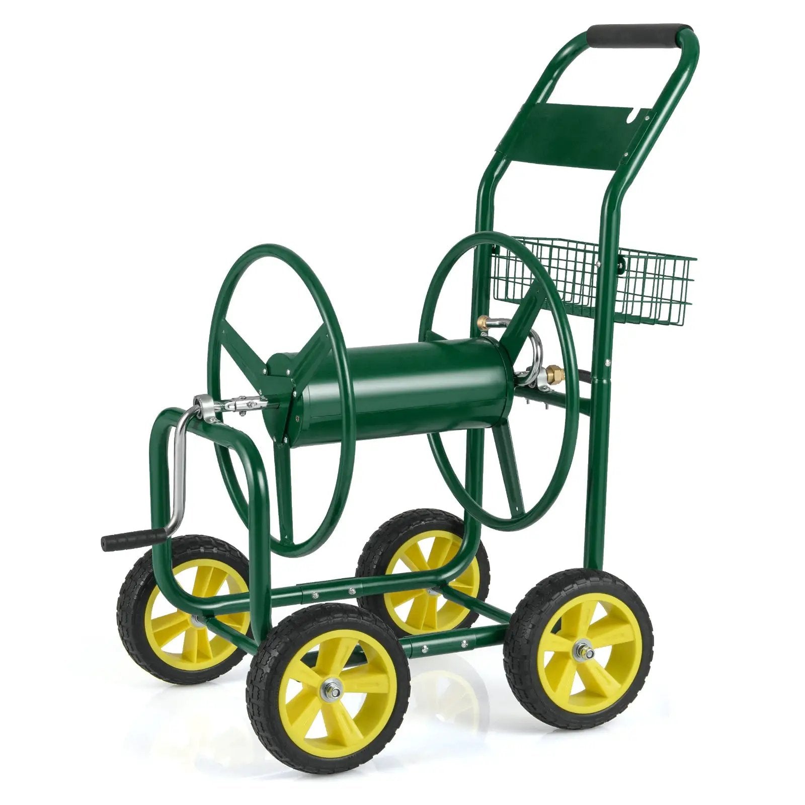 Garden Hose Reel Cart Metal Hose Cart with 4 Wheels and Storage Basket by DirectDeals