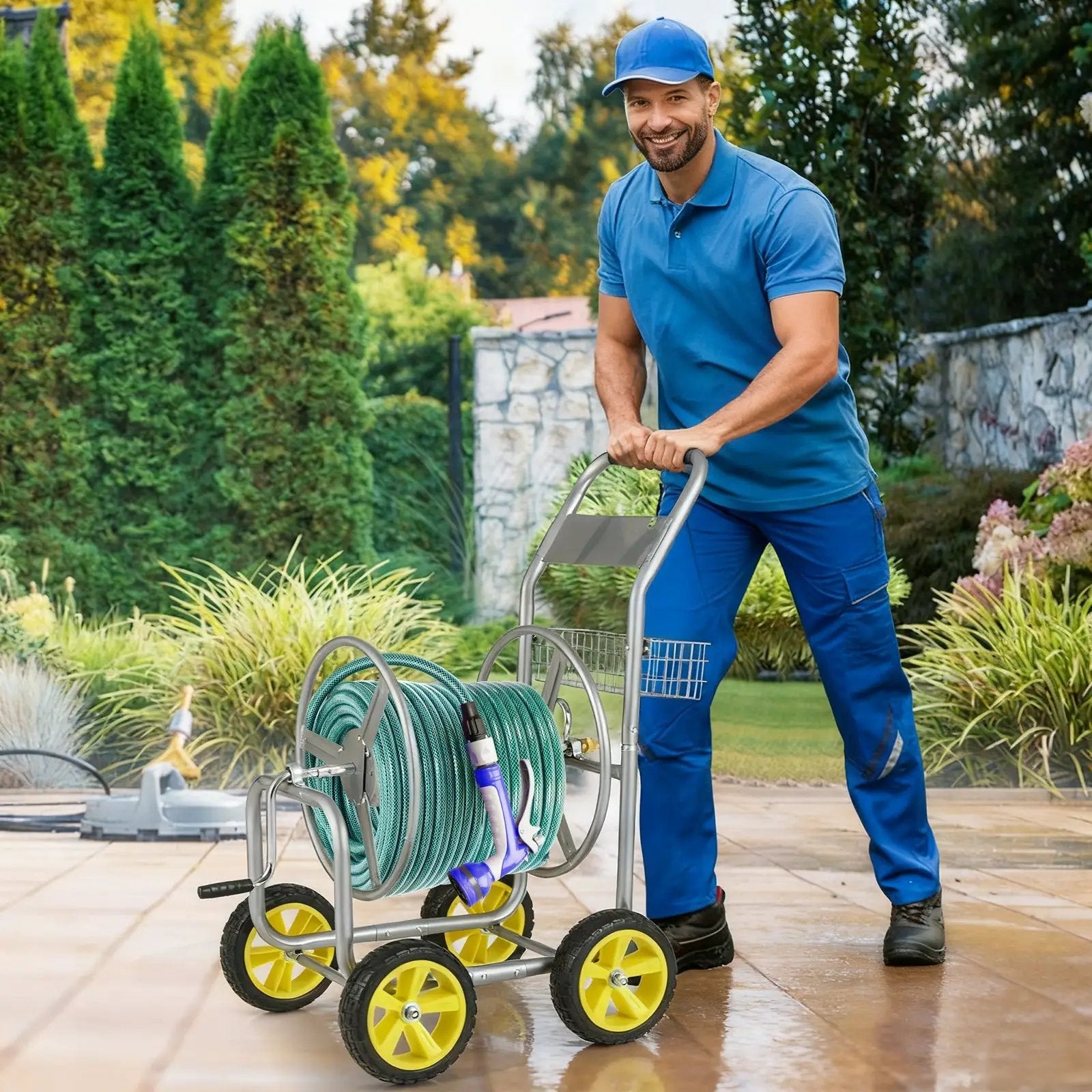 Garden Hose Reel Cart Metal Hose Cart with 4 Wheels and Storage Basket by DirectDeals