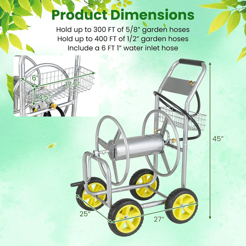Garden Hose Reel Cart Metal Hose Cart with 4 Wheels and Storage Basket by DirectDeals