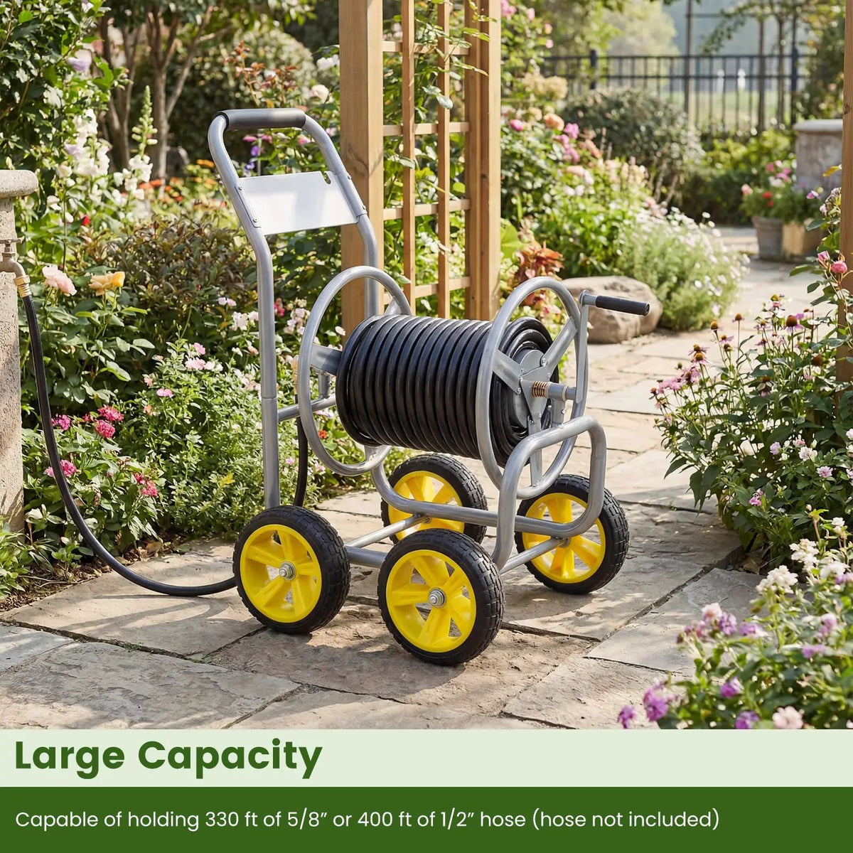 Garden Hose Reel Cart 4 Wheels Heavy-Duty Metal Water Hose Organizer Portable, photo 14 of 24