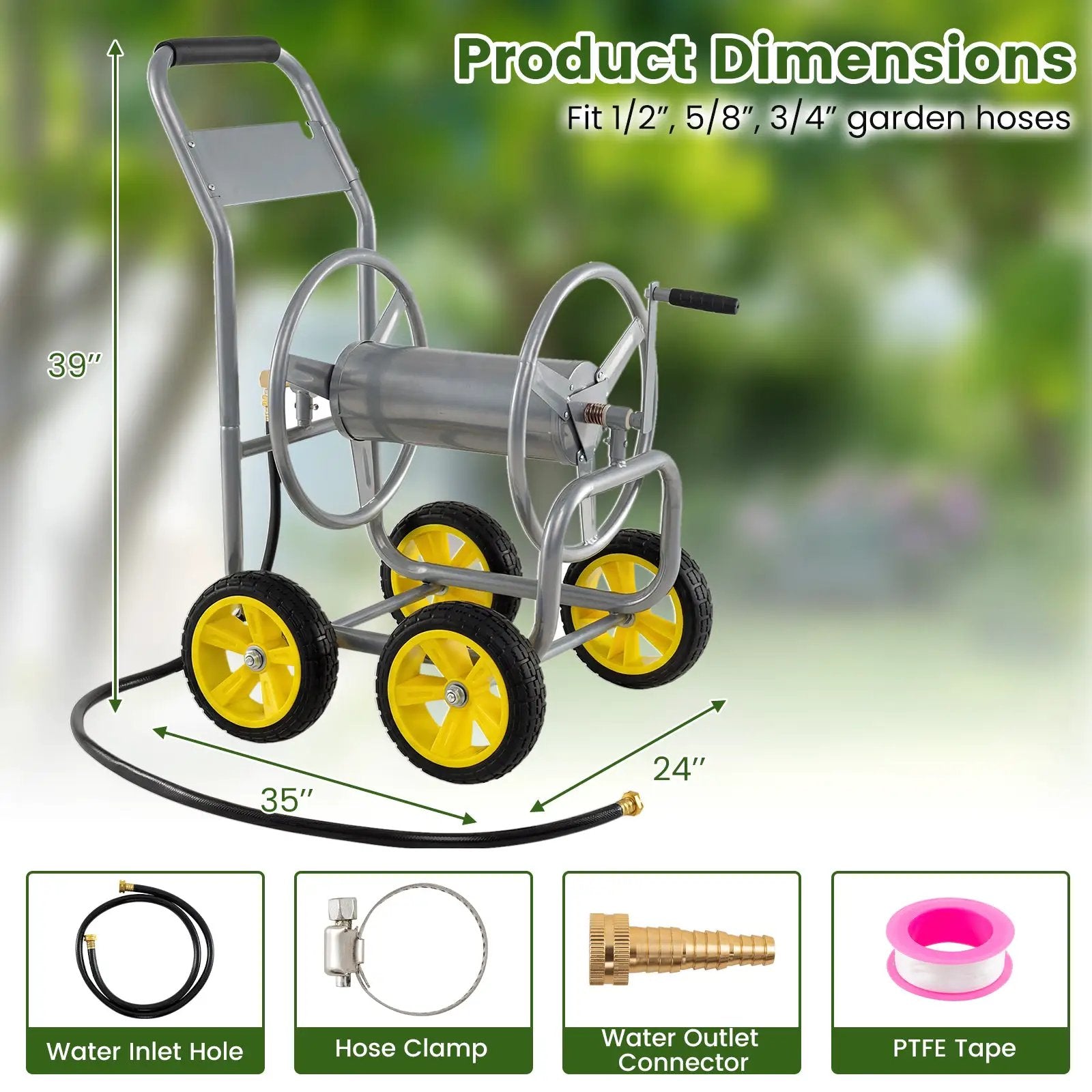 Garden Hose Reel Cart 4 Wheels Heavy-Duty Metal Water Hose Organizer Portable by DirectDeals