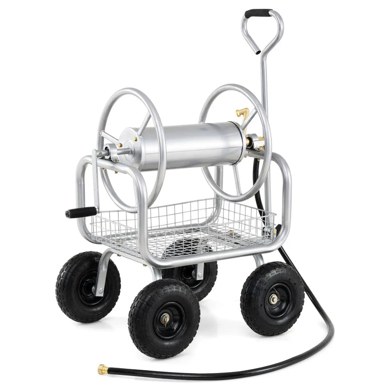 Garden Hose Reel Cart 300 Feet Large Capacity with 4 Wheels and Storage Basket-Gray by DirectDeals