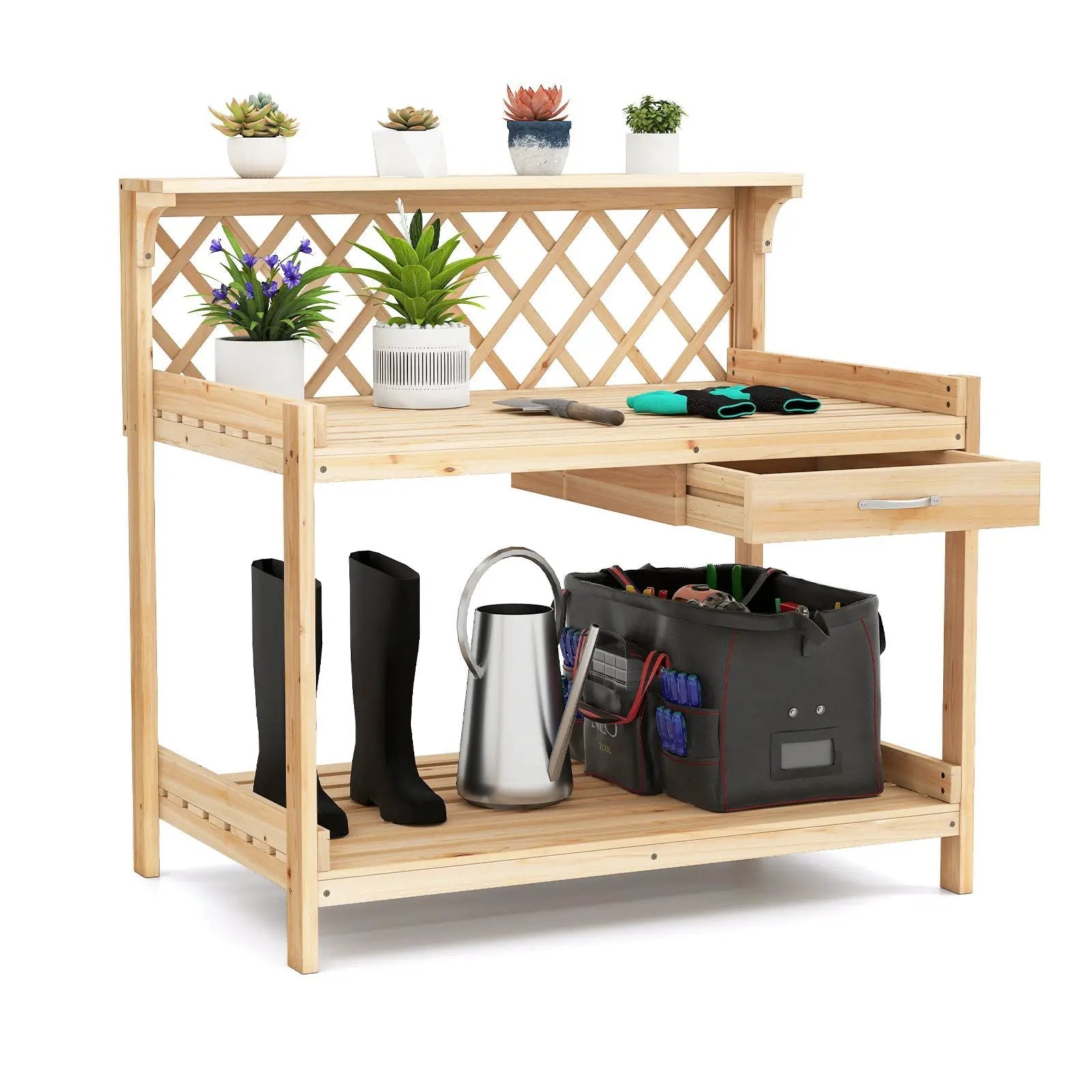 Garden Potting Bench Table Wooden Planting Workstation with Lattice Trellis by DirectDeals