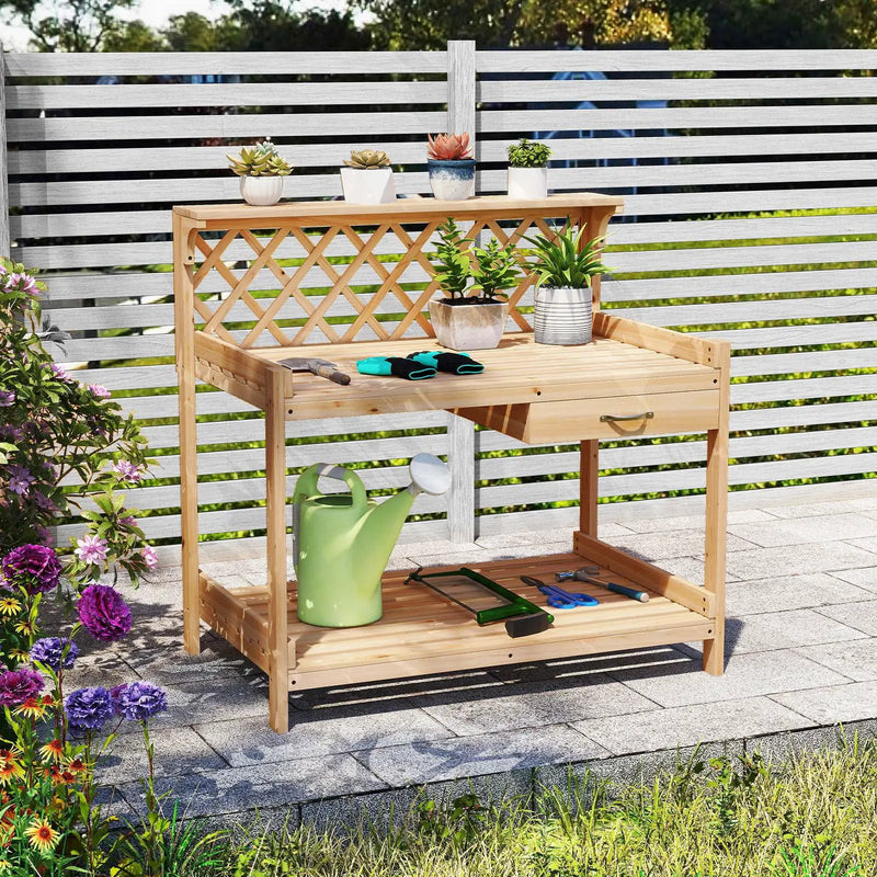 Garden Potting Bench Table Wooden Planting Workstation with Lattice Trellis by DirectDeals
