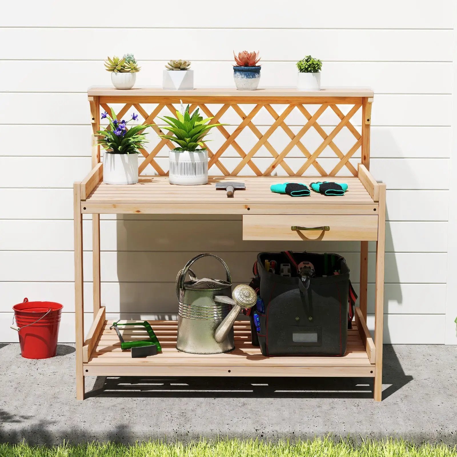 Garden Potting Bench Table Wooden Planting Workstation with Lattice Trellis by DirectDeals