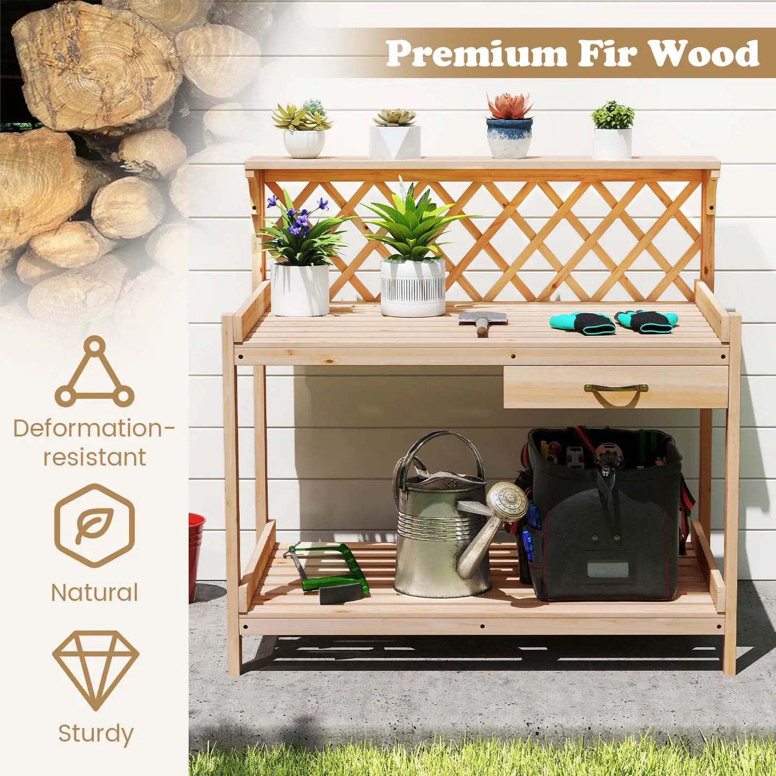 Garden Potting Bench Table Wooden Planting Workstation with Lattice Trellis by DirectDeals