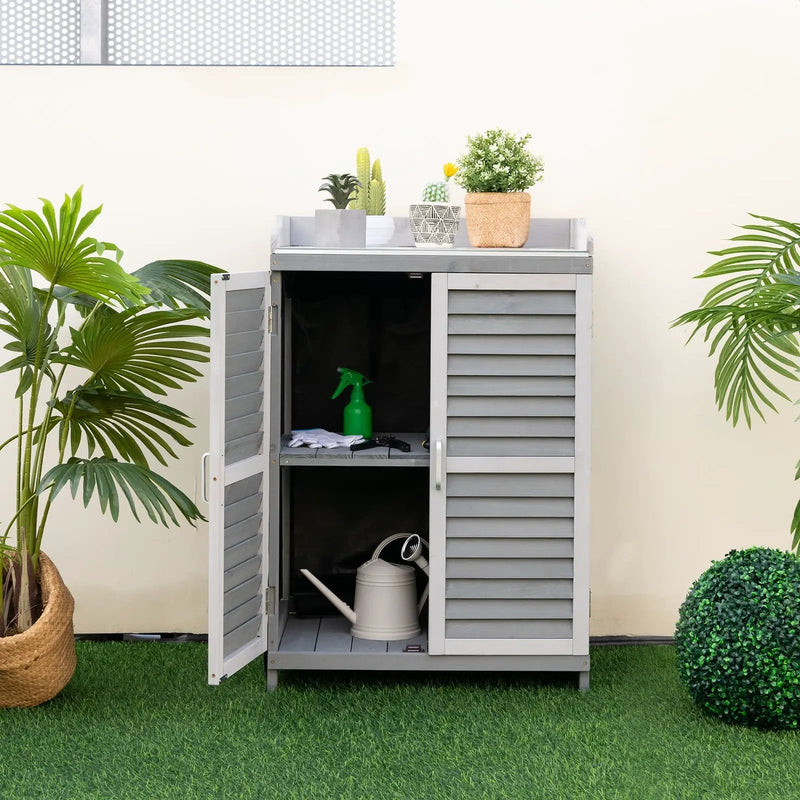 Garden Potting Bench Table with 2 Storage Shelves and Metal Plated Tabletop-Gray by DirectDeals