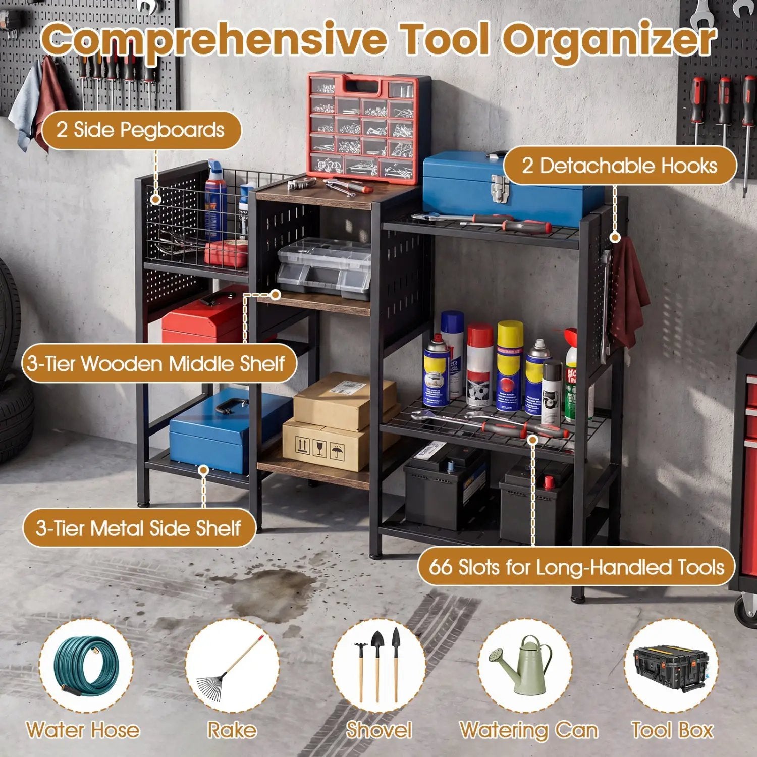 Garden Tool Organizer with Wooden Shelves for Garage and Shed by DirectDeals