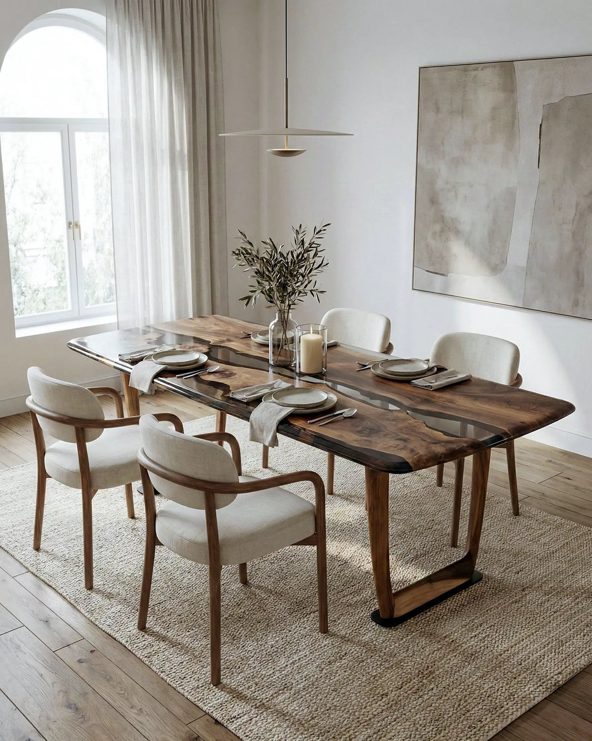 Epoxy Resin River Dining Table Featured Walnut Wood Leg, photo 2 of 16