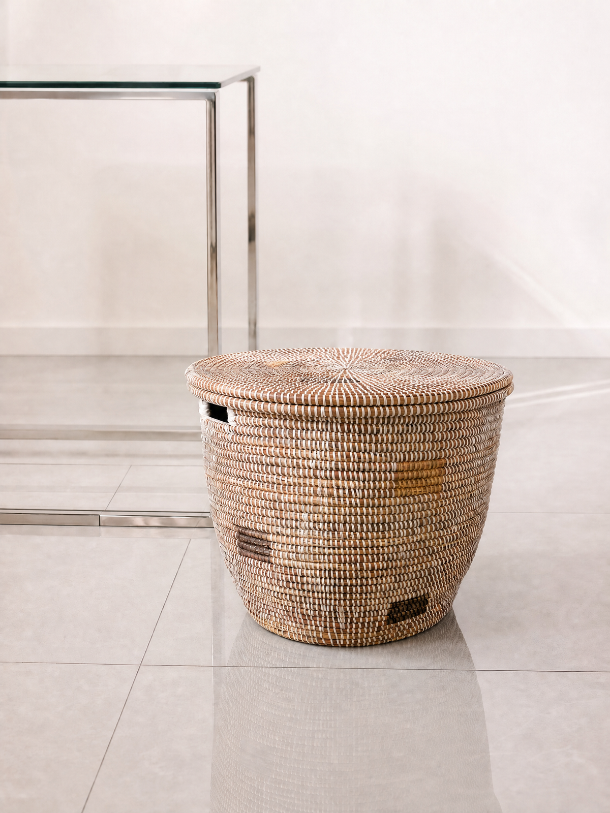 Minimalist White Round Basket with Gray Squares, photo 2 of 4