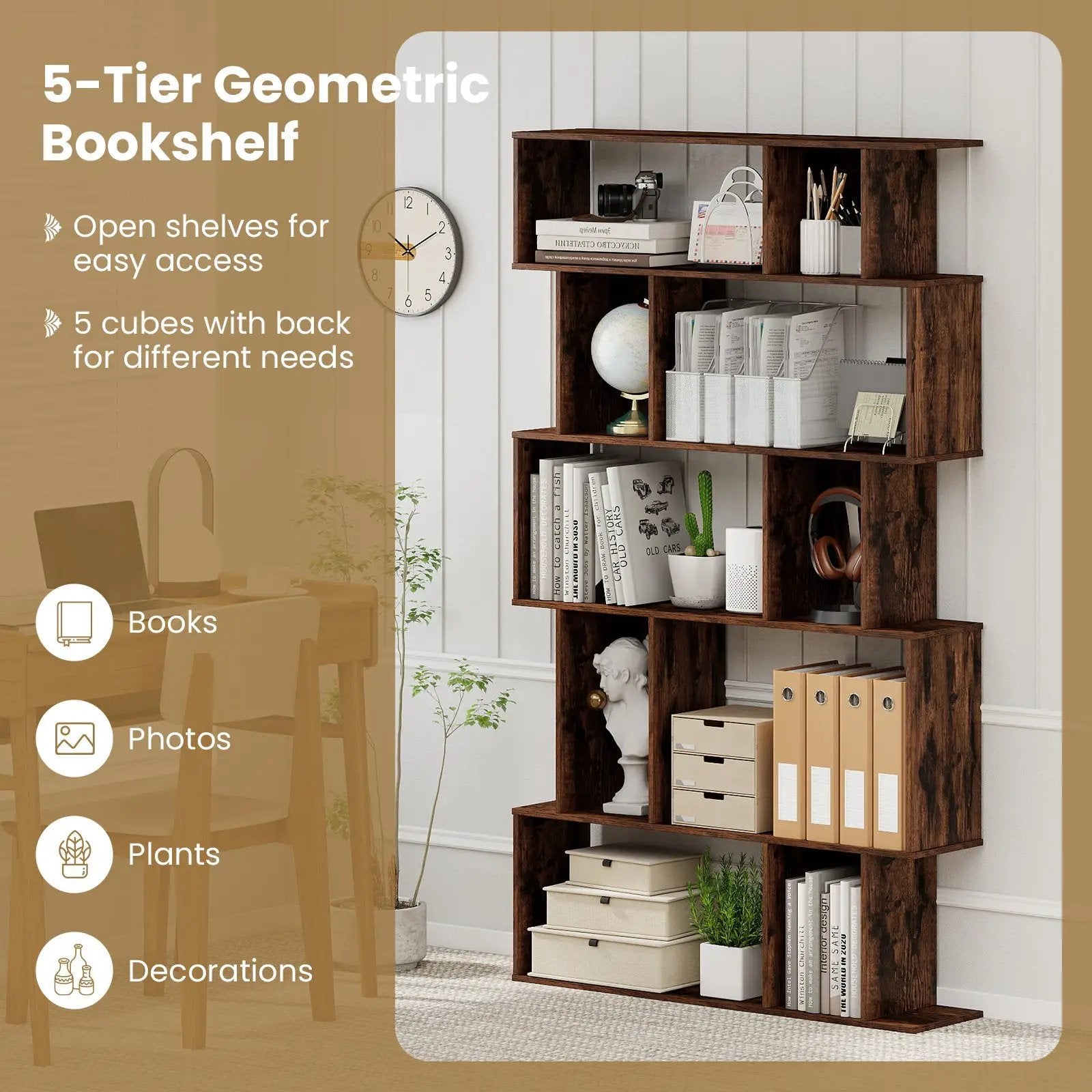 Geometric Bookshelf 5-Tier Bookcase with Open Shelves and Closed-back Cubes by DirectDeals