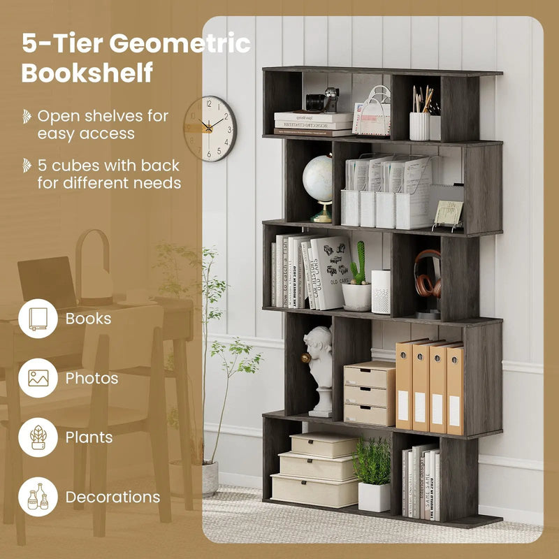 Geometric Bookshelf 5-Tier Bookcase with Open Shelves and Closed-back Cubes by DirectDeals