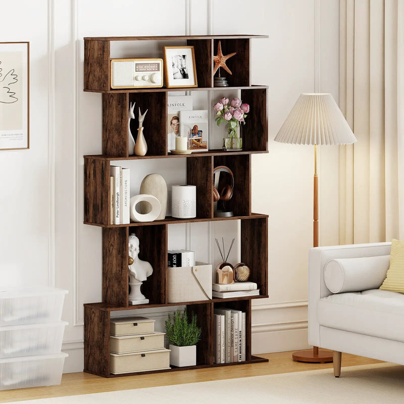 Geometric Bookshelf Set of 2 5-Tier Bookcase with Open Shelves and Closed-back Cubes by DirectDeals