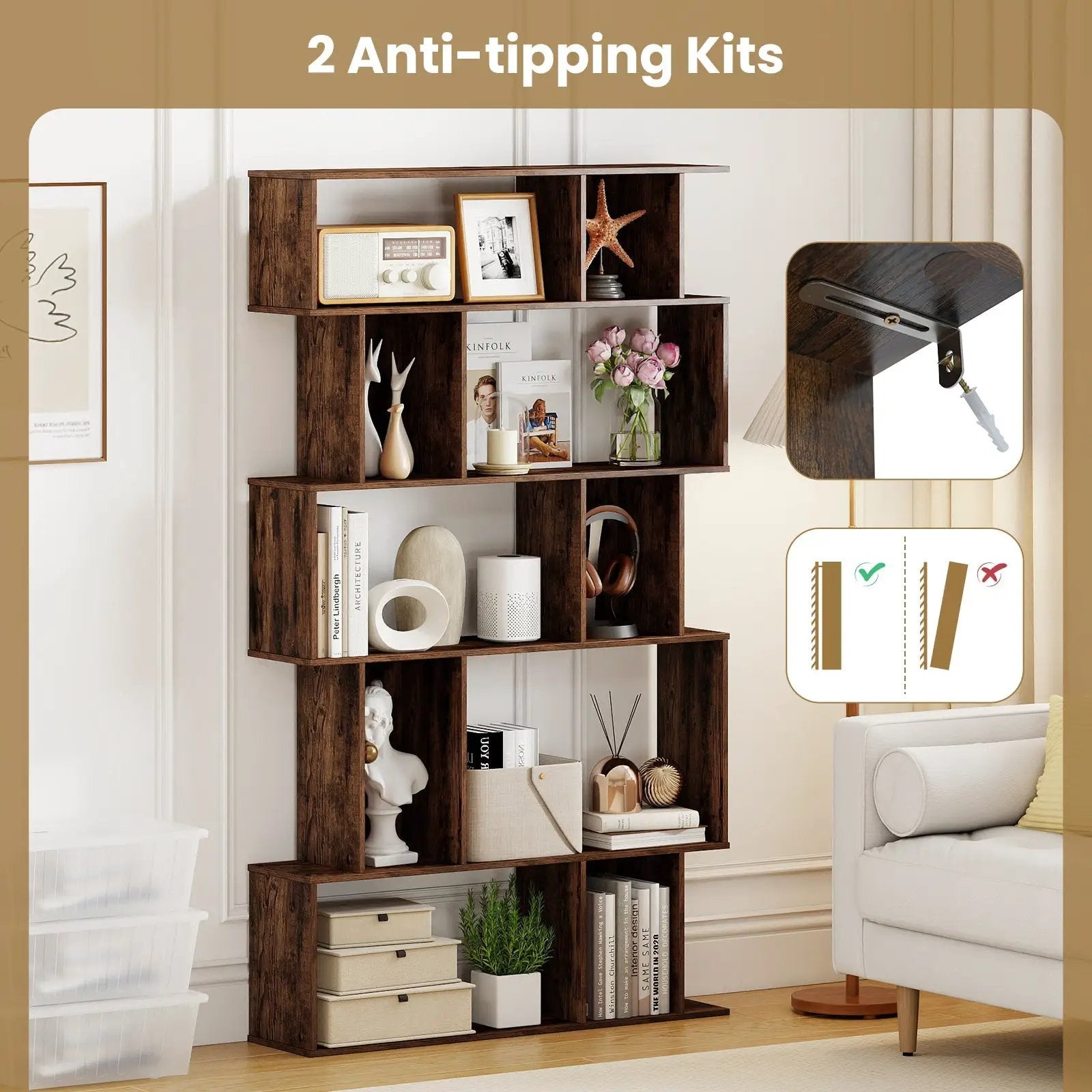 Geometric Bookshelf Set of 2 5-Tier Bookcase with Open Shelves and Closed-back Cubes by DirectDeals