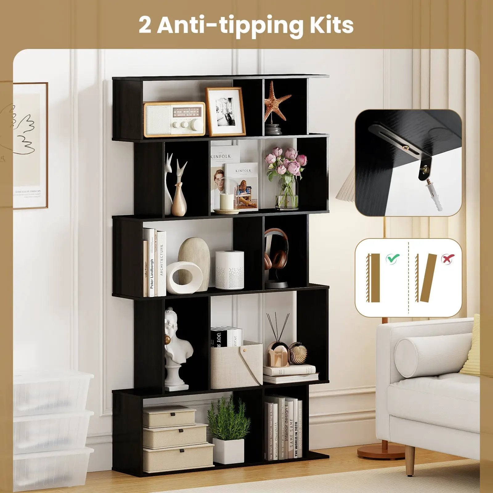Geometric Bookshelf Set of 2 5-Tier Bookcase with Open Shelves and Closed-back Cubes by DirectDeals
