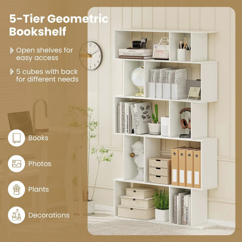 Geometric Bookshelf Set of 2 5-Tier Bookcase with Open Shelves and Closed-back Cubes by DirectDeals