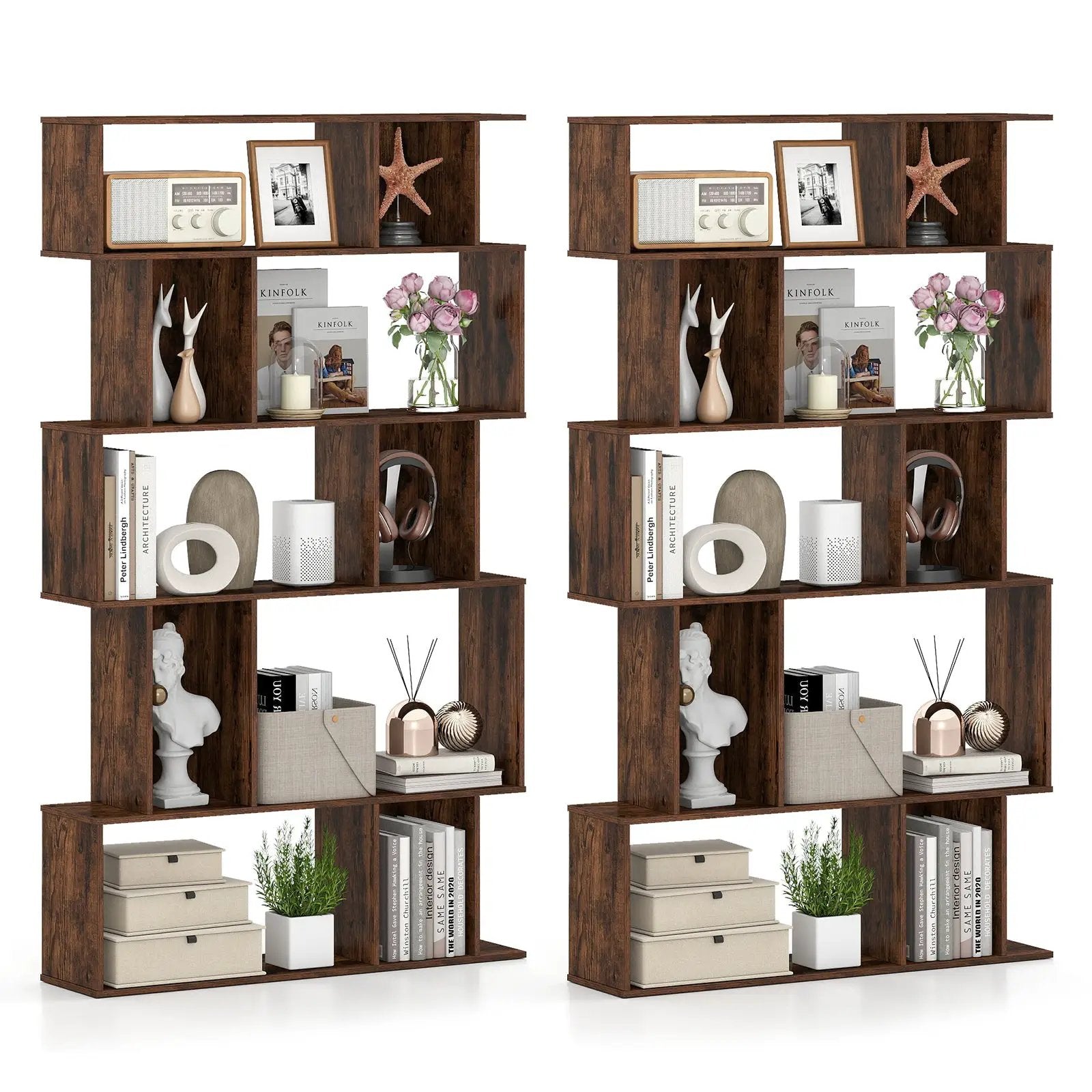Geometric Bookshelf Set of 2 5-Tier Bookcase with Open Shelves and Closed-back Cubes by DirectDeals