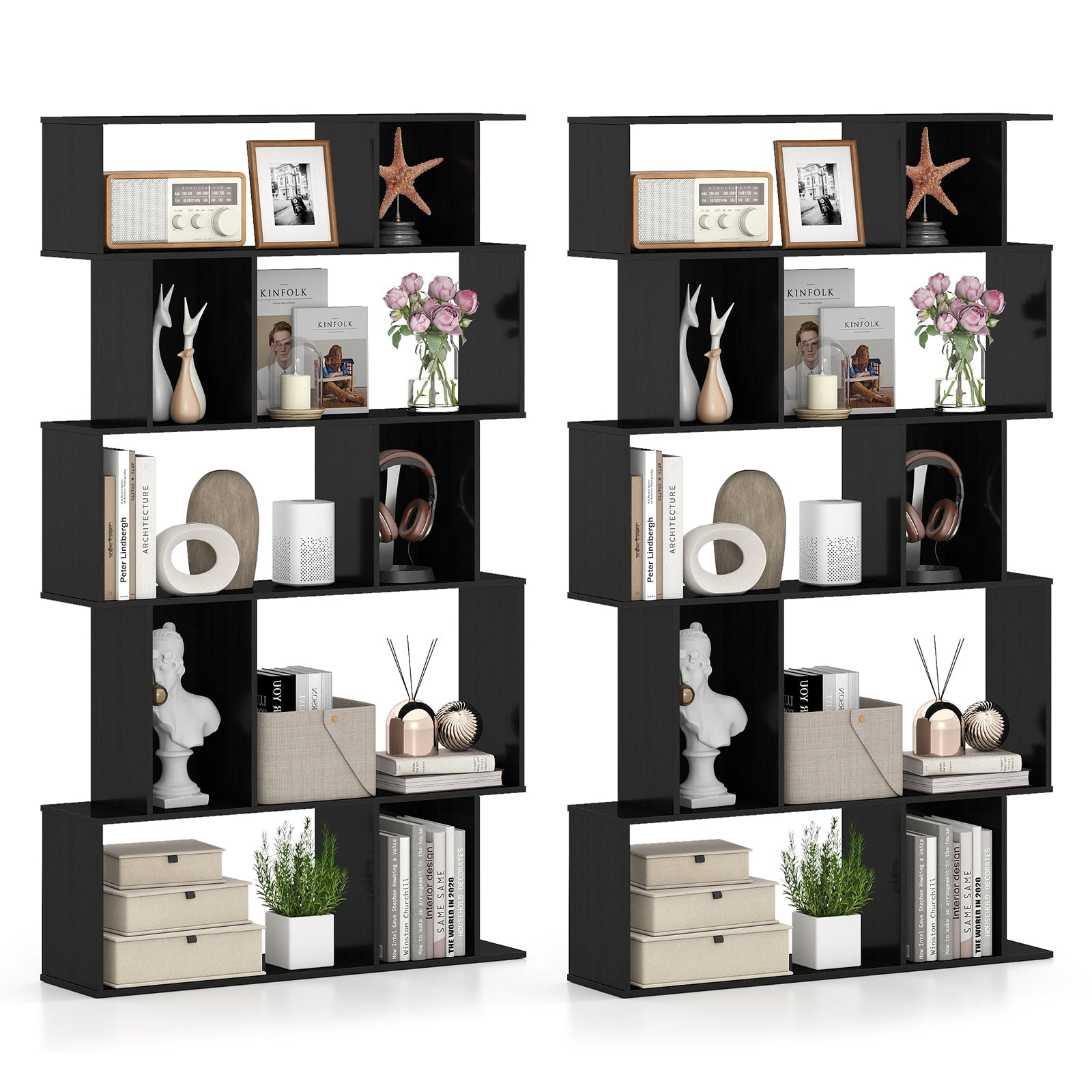 Geometric Bookshelf Set of 2 5-Tier Bookcase with Open Shelves and Closed-back Cubes by DirectDeals
