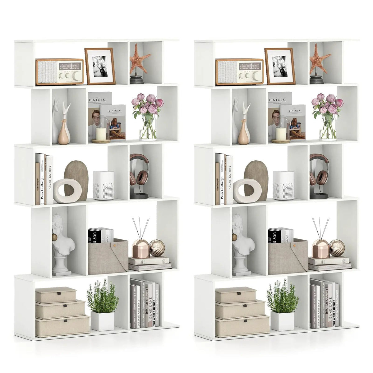 Geometric Bookshelf Set of 2 5-Tier Bookcase with Open Shelves and Closed-back Cubes, photo 4 of 32