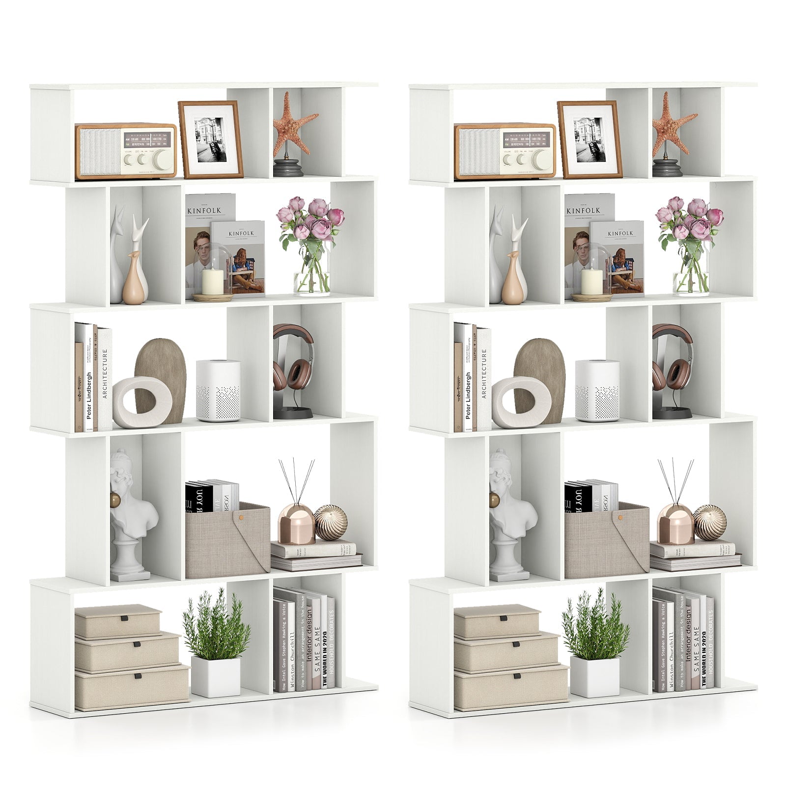 Geometric Bookshelf Set of 2 5-Tier Bookcase with Open Shelves and Closed-back Cubes by DirectDeals