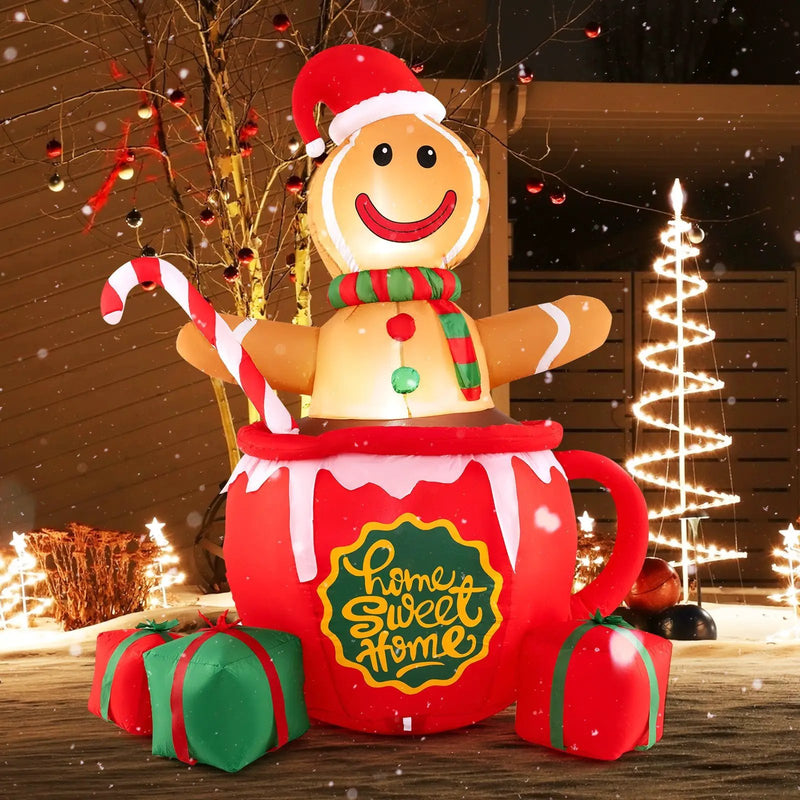 7 Feet Inflatable Gingerbread Man in Hot Cocoa Mug with Built-in LED Lights and Gift Boxes by DirectDeals